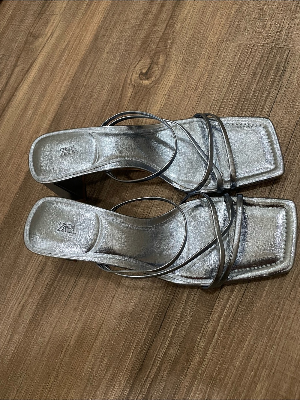 Zara Metallic blue Strappy Square-Toe Mid Heels size 38